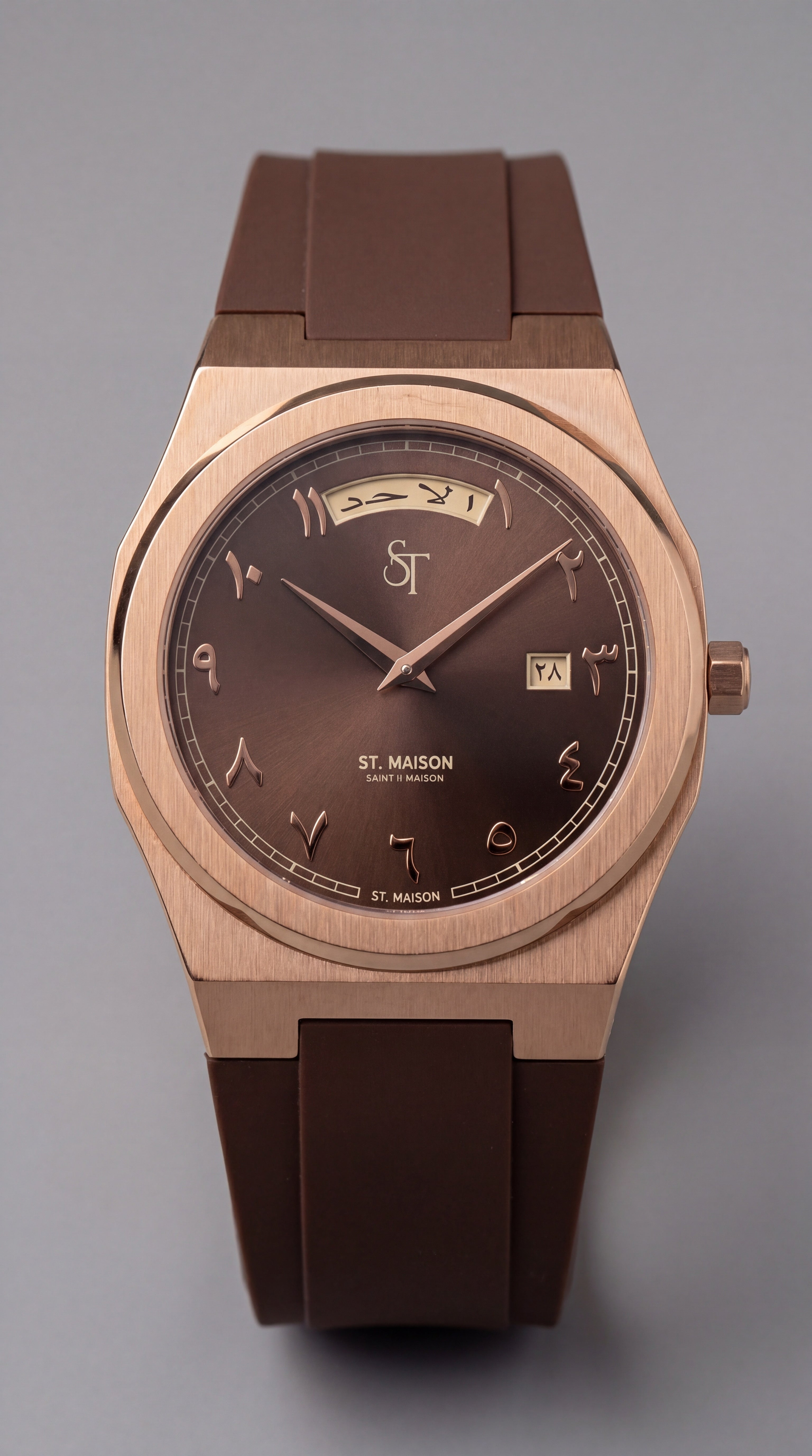 Brown Rubber Strap Chocolate Day-Date Watch by St. Maison