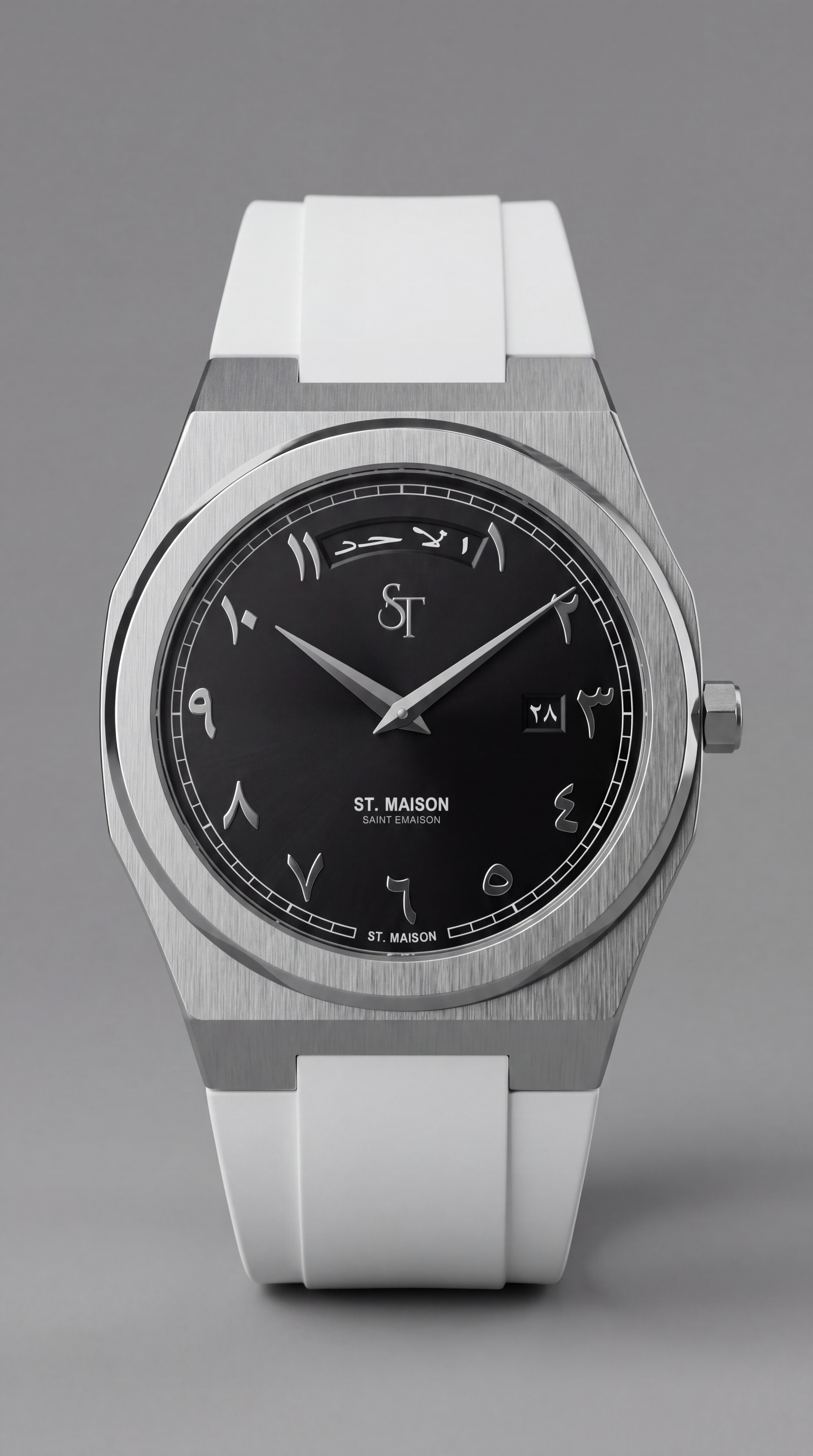 White Rubber Strap Black Day-Date Watch by St. Maison