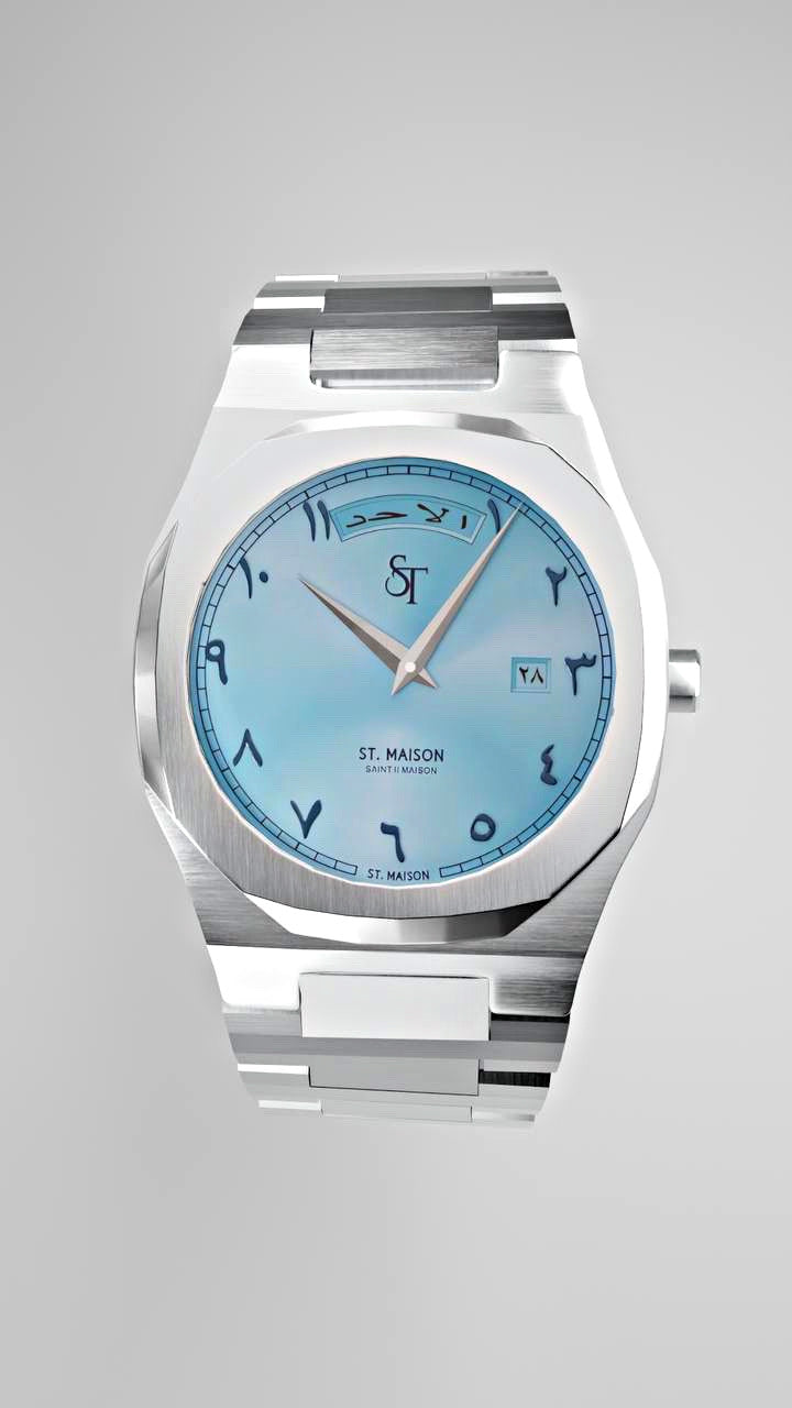 St. Maison Azzura baby blue Arabic Dial Day-Date Watch – ice-blue dial with Arabic numerals, stainless steel case, water-resistant design
