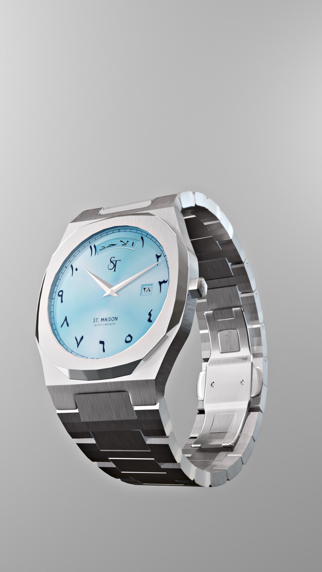 St. Maison Azzura baby blue Arabic Dial Day-Date Watch – ice-blue dial with Arabic numerals, stainless steel case, water-resistant design