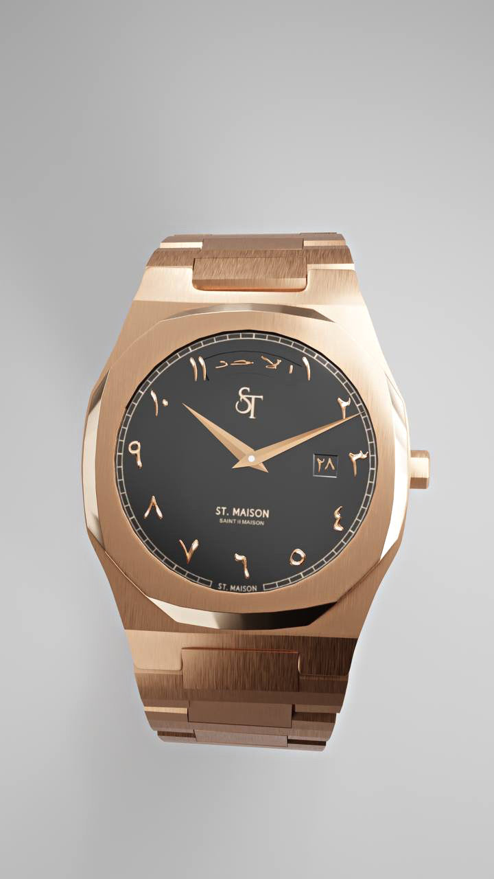 St. Maison Noir rose gold Arabic Dial Day-Date Watch – black luminous dial with Arabic numbers, rose-gold finish, water-resistant timepiece