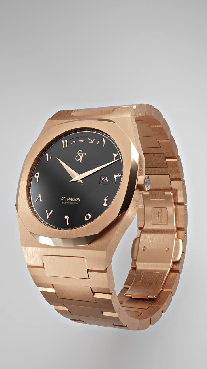 St. Maison Noir rose gold Arabic Dial Day-Date Watch – black luminous dial with Arabic numbers, rose-gold finish, water-resistant timepiece